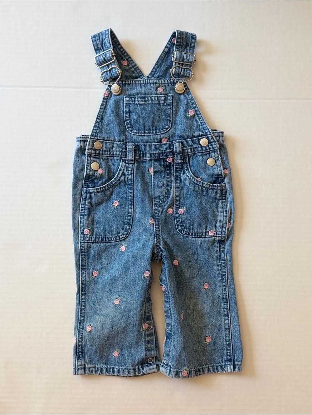 Vintage Y2K Faded Glory Rose Embroidered Denim Overalls 12M